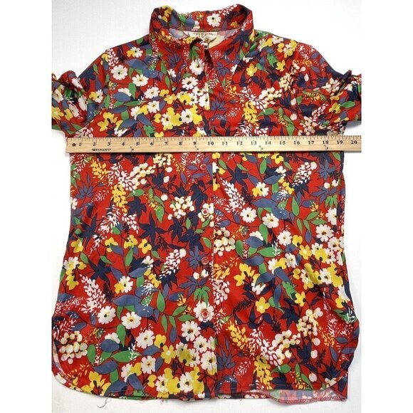 VTG 1970s CENTER STAGE Womens SMALL Red Floral Polyester S/S Button-Up BLOUSE - Picture 3 of 8